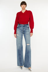 Kancan Women's Distressed High Waist Bootcut Jeans - Retro Chic Fashion for a Flattering Silhouette
